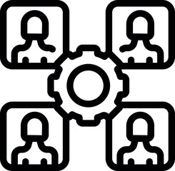 Poster - line art icon of four professionals connecting and collaborating together with a gear in the center