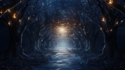 Poster - A dark forest with a path that is lit up by a light. The light is shining through the trees, creating a mysterious and eerie atmosphere
