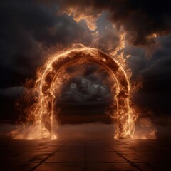 Poster - A fiery archway with a dark sky in the background. The archway is made of fire and he is a gateway to another world