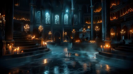 Aufkleber - A dark room with a lot of candles and a lot of water. Scene is eerie and mysterious
