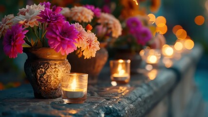 Poster - A vase of flowers with candles lit in it. The candles are lit in a way that they are not too close to the flowers, but they are lit enough to create a warm and inviting atmosphere