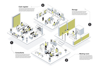 Fototapete - Bank 3d isometric concept in outline design for web. People working in isometry rooms, consultants office, clients meeting, cash register hall and safe storage service interiors. Vector illustration.
