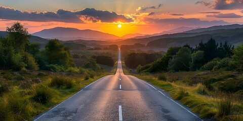 Wall Mural - Scenic Sunset on a Highlands Road in Scotland, Great Britain. Concept Travel Photography, Sunset Views, Scottish Highlands, Road Trip, Europe Exploration