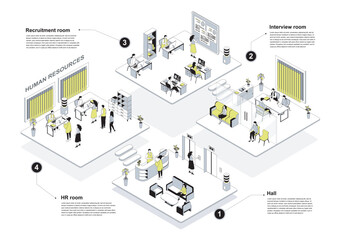 Fototapete - HR agency 3d isometric concept in outline design for web. People in isometry rooms waiting at reception hall, managers works at office, recruitment and job interview department. Vector illustration.
