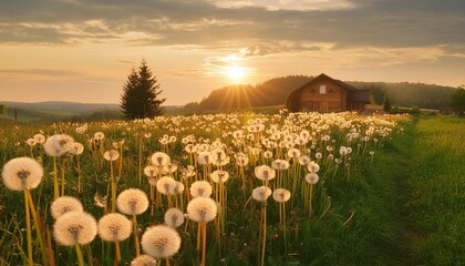 Wall Mural - dandelion field at sunset rural aesthetic