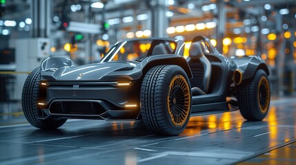 An electric vehicle stands poised on the production line within the bustling factory, undergoing assembly with precision and care.