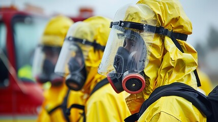 Group of people in hazmat suits and masks during a fire fighting