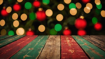 Wall Mural - christmas colors bokeh lights and rustic wood boards mockup background