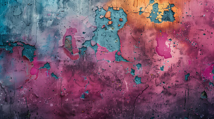 Grunge sprayed wall with colorful paint splatters, rough texture wallpaper