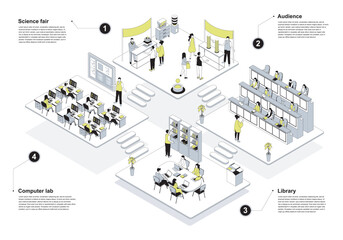 Fototapete - University 3d isometric concept in outline design for web. People learning in isometry audience rooms, students studying in computer lab and library, working at science fair. Vector illustration.