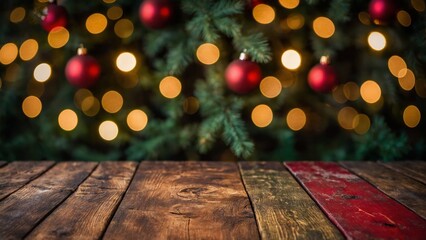 Wall Mural - christmas colors bokeh lights and rustic wood boards mockup background