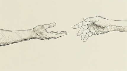 Reaching out hand sketch. Black and white drawing of two outstretched hands, symbolizing connection or offering help.