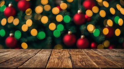 Wall Mural - christmas colors bokeh lights and rustic wood boards mockup background
