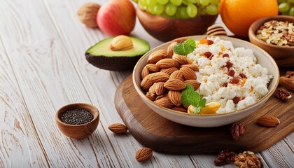 Poster - healthy breakfast cottage cheese fruits and nuts on white wooden background dieting healthy lifestyle concept meal vertical with copyspace