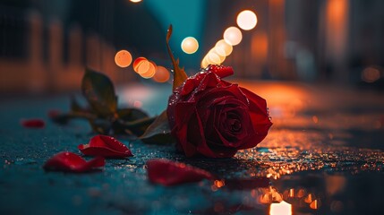 Wall Mural - a big beautiful bright red rose lay horizontally on the cement road, with dewdrops scattered on its petals