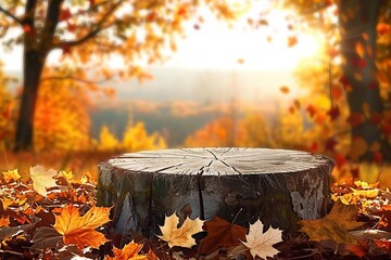 Wall Mural - Beautiful autumn landscape with stump in the forest. Colorful foliage in the park. Falling leaves natural background. Mockup podium for product presentation.