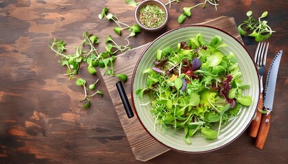 Poster - fresh salad mix with microgreens healthy and delicious meal presentation on rustic background top view