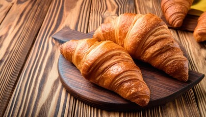 Poster - close up fresh croissant on wooden background top view position