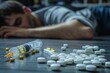 © Yuliia - Close-up of a man sleeping on the floor with a syringe and pills scattered around him, portraying the harsh reality of drug addiction.