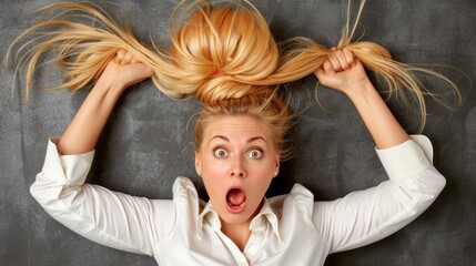 Wall Mural - A woman with blonde hair and a white shirt is surprised, her mouth wide open and her hands gripping her hair