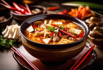 Wall Mural - delicious steaming hot sour soup ceramic chinese cuisine food concept, bowl, tasty, appetizing, traditional, asian, meal, lunch, dinner, dish, gastronomy