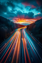 Moving car lights on highway at night long