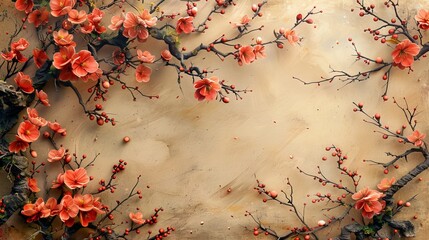 Wall Mural - An icon set of cherry blossom flowers on a Japanese background with wood texture.