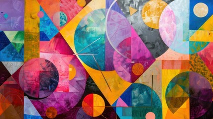 Wall Mural - Abstract painting with triangles and circles and bright colors created with Generative AI