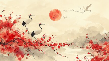 A red flower branch decoration with crane bird illustration banner is displayed on an abstract background with watercolor texture in Japanese style.