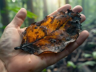 Canvas Print - A hand holding a fallen leaf. AI.