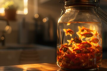 Poster - A jar filled with goldfish. AI.