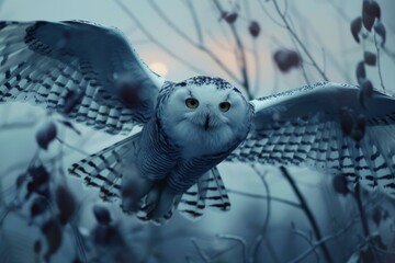 Canvas Print - A beautiful snowy owl flies through the winter forest. AI.