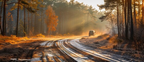 Canvas Print - A car drives through a beautiful forest. AI.