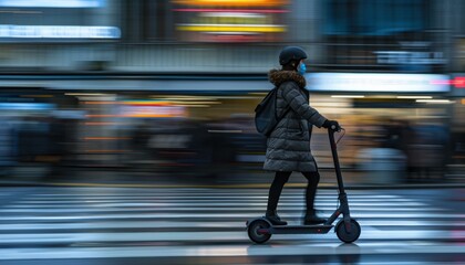 Wall Mural - A woman rides an electric scooter through a busy city street. AI.