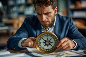 close-up photo of a young businessman holding a compass at his desk in the office, symbolizing professional navigation and search for success in business.