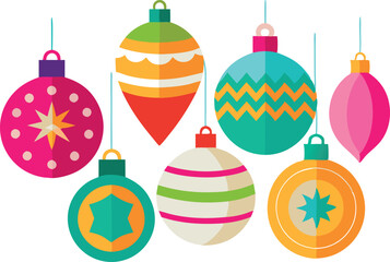 Wall Mural - Colorful Christmas ornaments isolated on white background for festive holiday decoration and celebration. Brightly designed ornaments for the Christmas season.