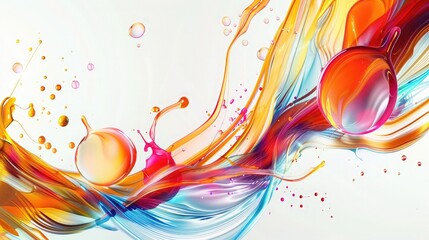 Wall Mural - An abstract artwork depicting a burst of liquid circles in motion, with bright, curved waves and paint droplets on a white background.