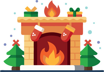 Festive Christmas illustration featuring a decorated fireplace with stockings, gifts, evergreen trees, and a burning fire, evoking warmth and holiday cheer.