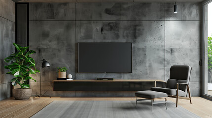 Wall Mural - In the living room with a concrete wall there is a TV cabinet mounted on the wall, next to which there is an elegant armchair.