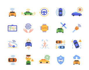 Smart vehicle icons set. Colorful signs with car with autopilot system, remote control technology, GPS and radar. Design element for app. Flat vector illustration collection isolated on background