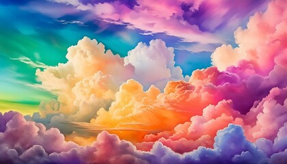 Sticker - colorful watercolor background of abstract sunset sky with puffy clouds in bright rainbow colors of pink green blue yellow orange and purple