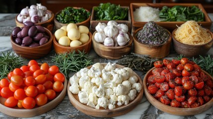 Wall Mural - A vibrant display of various fresh vegetables and herbs on a marble countertop, ideal for promoting natural and healthy eating.