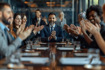 diverse group of businesspeople clapping for a businessman after his successful presentation in a conference room.