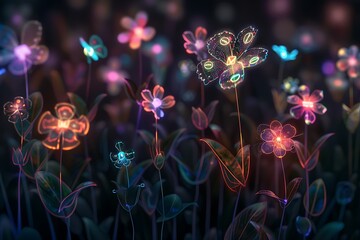 Wall Mural - A digital garden of glowing flowers, each flower representing a different form of communication. Dark background with soft, colorful highlights