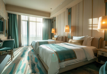 beautiful 2 twin beds type  in a luxury big window hotel room next to the river