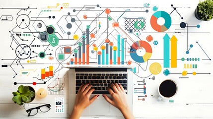 Poster - Top view of woman hands using laptop with business sketches on wooden table