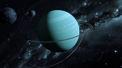 a realistic rendering clearly depicting the planet uranus surrounded by two visible moons in a detai