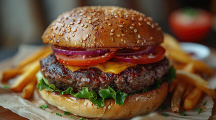 Wall Mural - Delicious burger with fries, close-up 