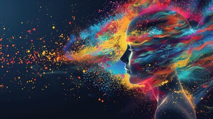 Wall Mural - An artistic interpretation of a head profile, with colorful abstract elements radiating outward, expressing the continuous flow of innovative thoughts and concepts.