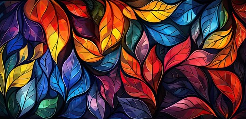 Wall Mural - A colorful leafy pattern with a blue and red leaf in the middle